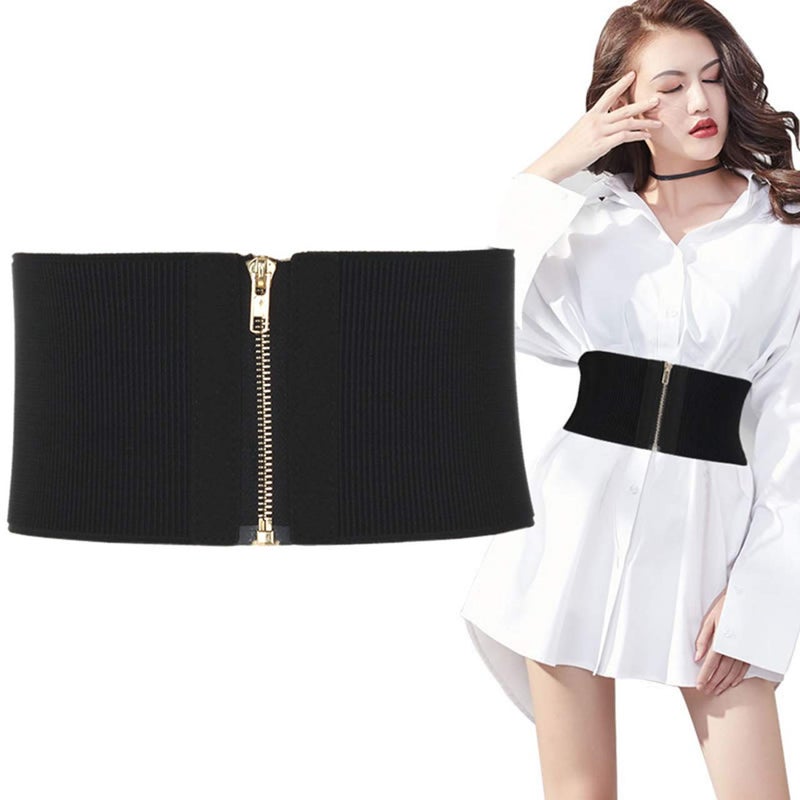 Ayliss Women Wide Elastic Waist Cinch Stretch Fashion Waistband Retro Dress Vintage Belt with Zipper Lady (Fit Waist 25.59"-31.10", Black) - Image 2